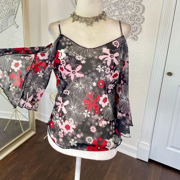 Fairy Whimsygoth Semi Sheer Off The Shoulder Bell Sleeve Floral Flower Top S - Picture 2 of 8